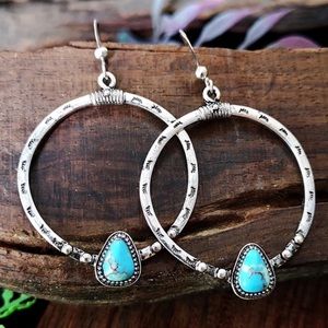 Vintage Look Faux Turquoise Silver Hoop Earring